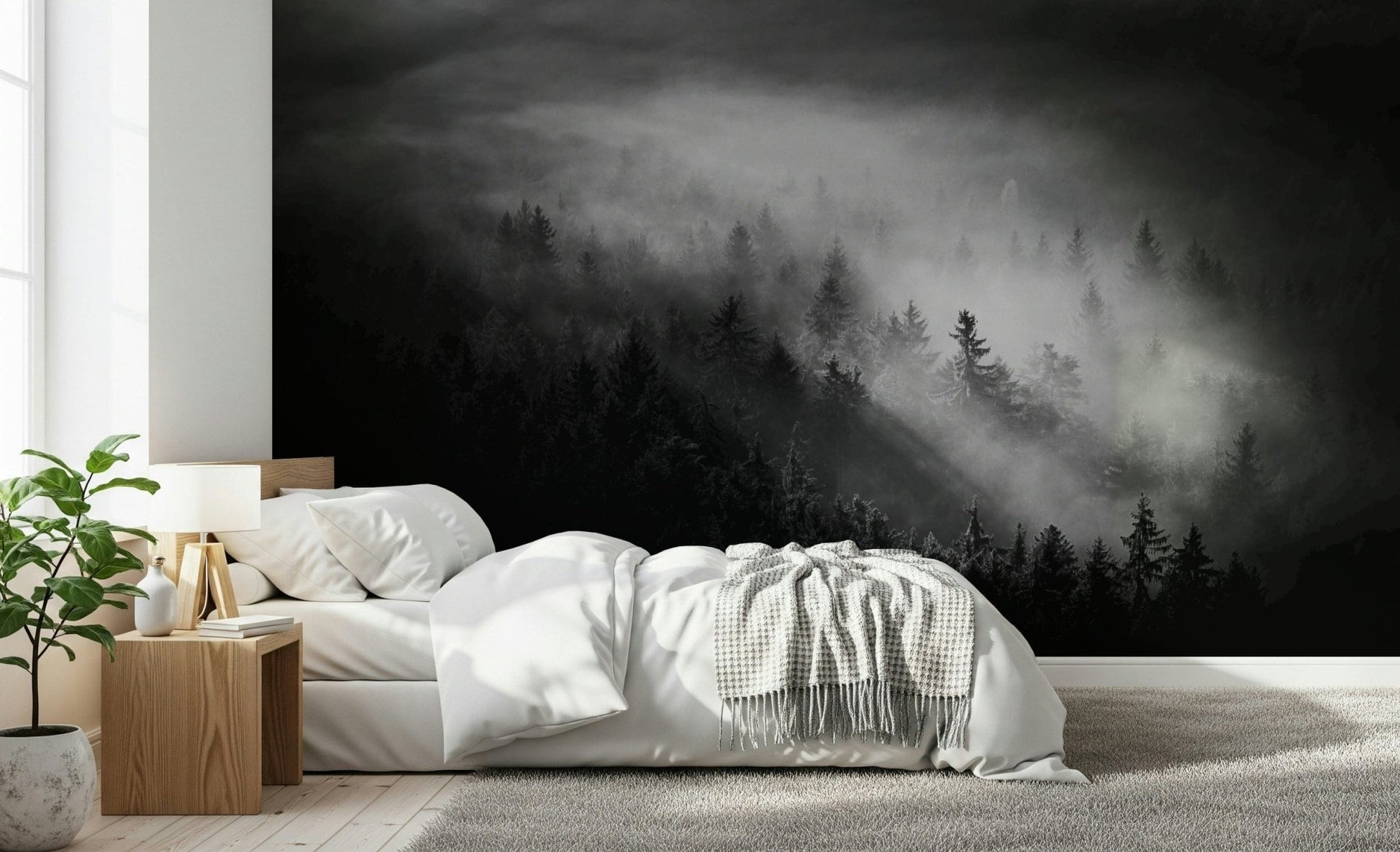 High contrast misty nature Luminous Woodland Island Fog wall decoration.
