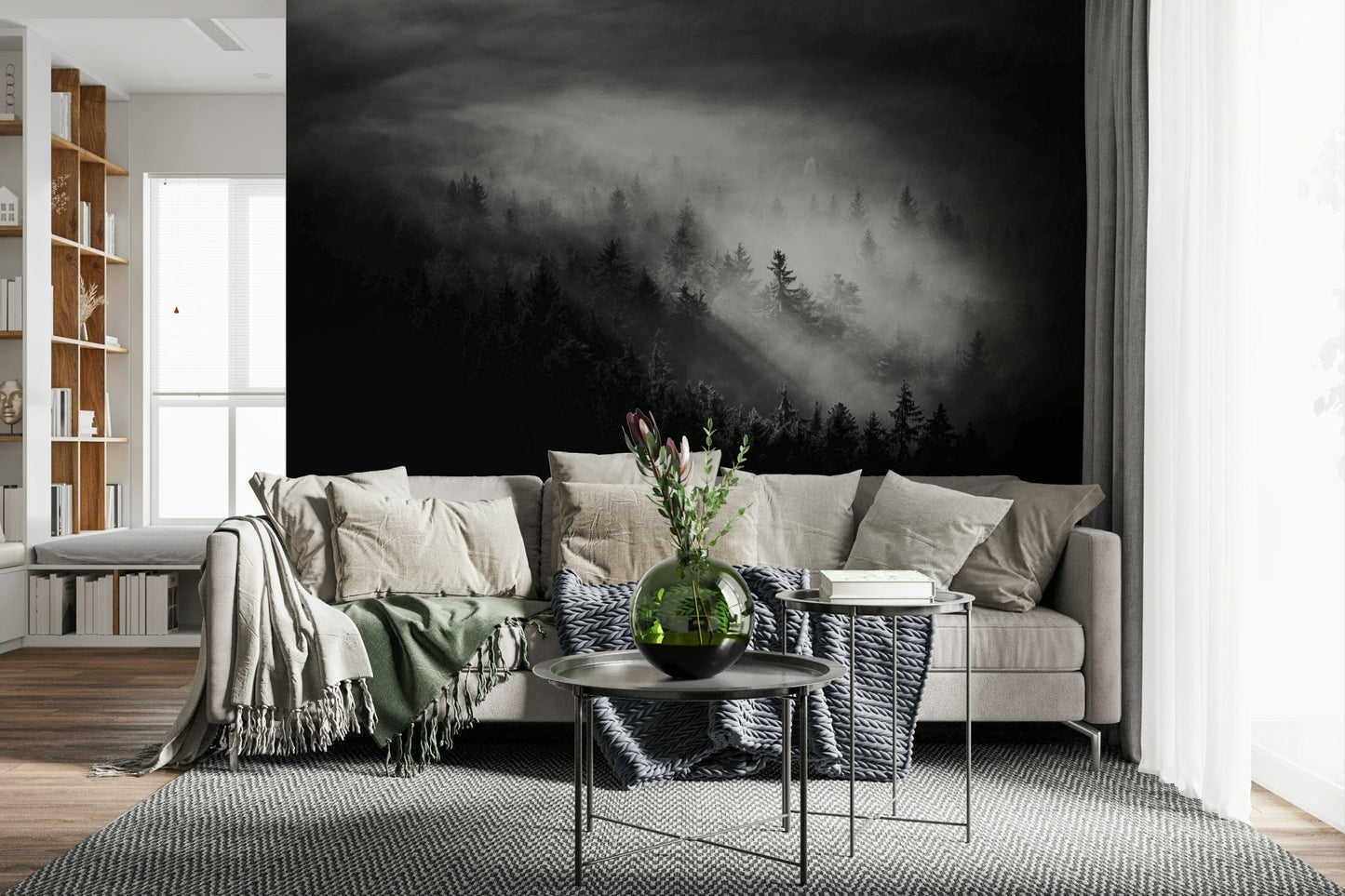 Grayscale mountain woods scene Luminous Woodland Island Fog decorative mural.