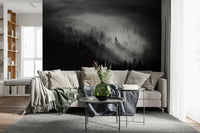 Grayscale mountain woods scene Luminous Woodland Island Fog decorative mural.