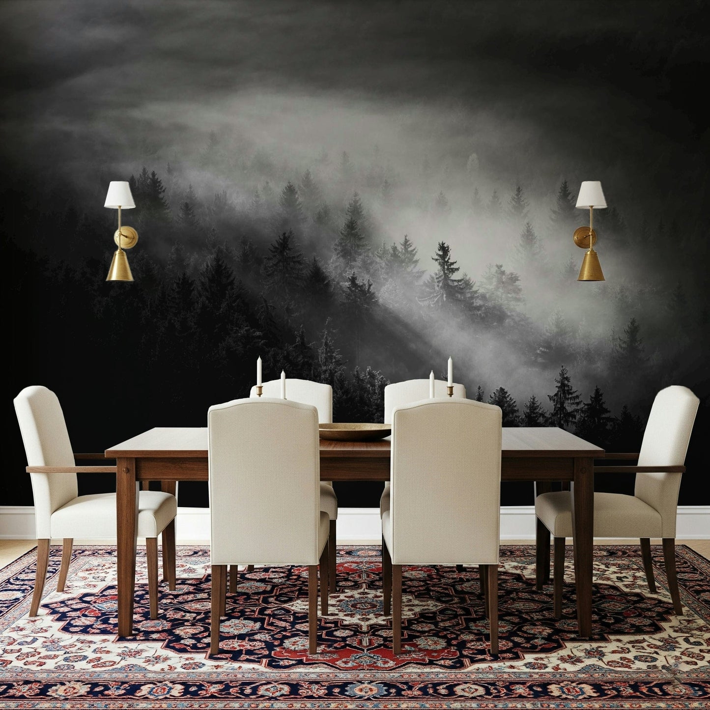 Serene pine grove in vapors Luminous Woodland Island Fog photo background.