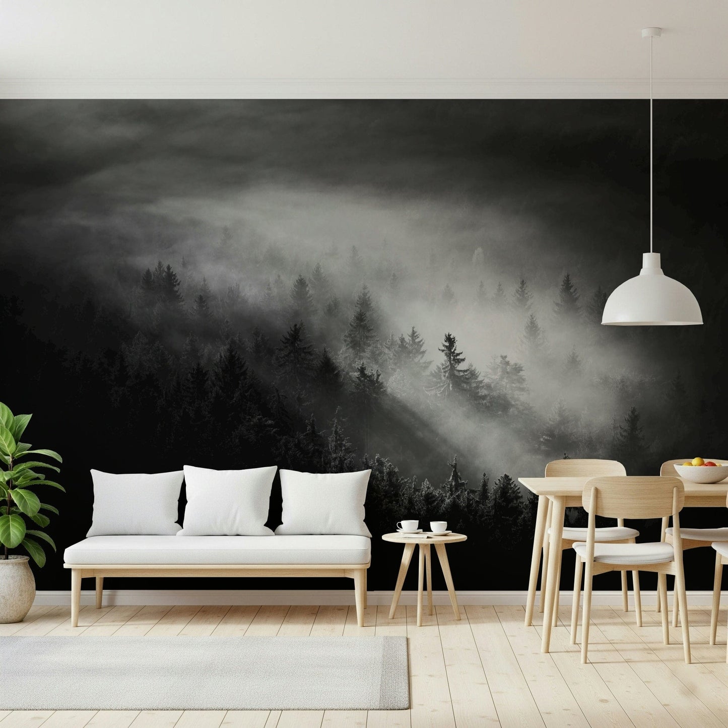 Dramatic visual impact Luminous Woodland Island Fog graphic wallpaper.