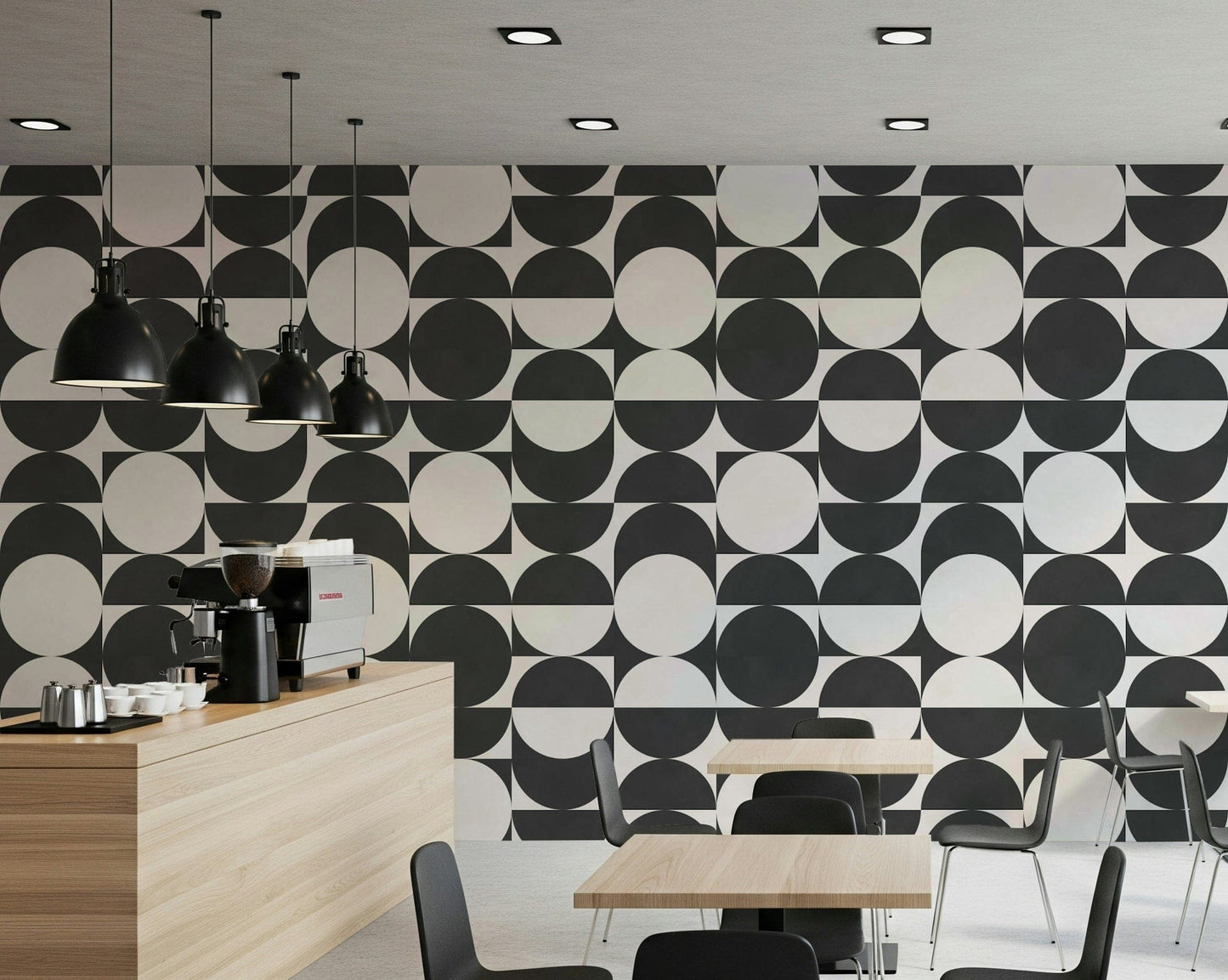 Monochromatic decorative wall, Lunar Echoes 2, repeating bold geometric pattern.