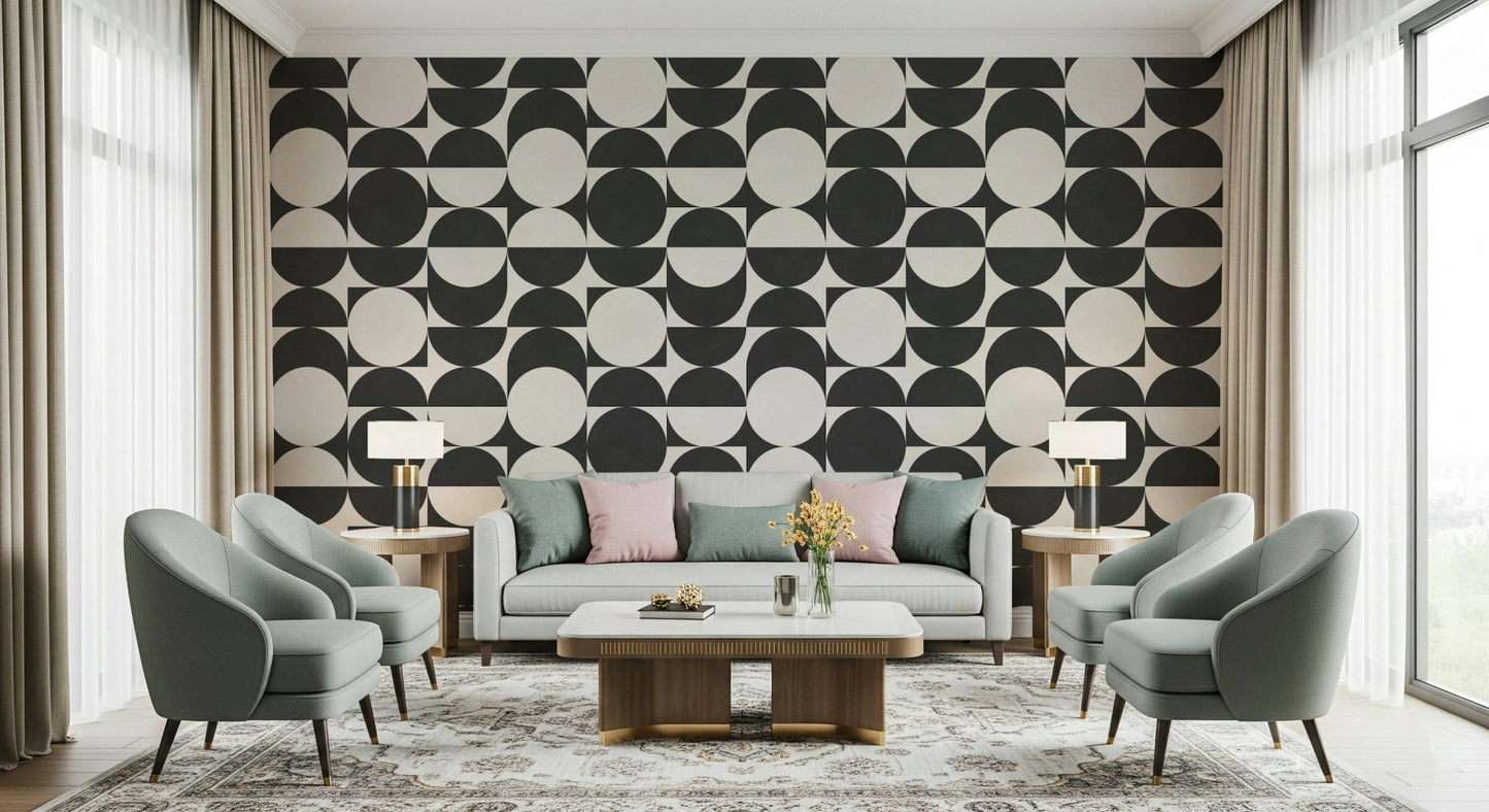 Unique home décor, Lunar Echoes 2 wallpaper, interlocking round shapes, graphic art.