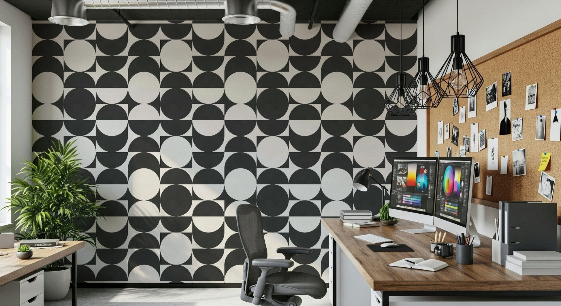 Half-circle pattern Lunar Echoes 2 wall art, modular dark and light design element.