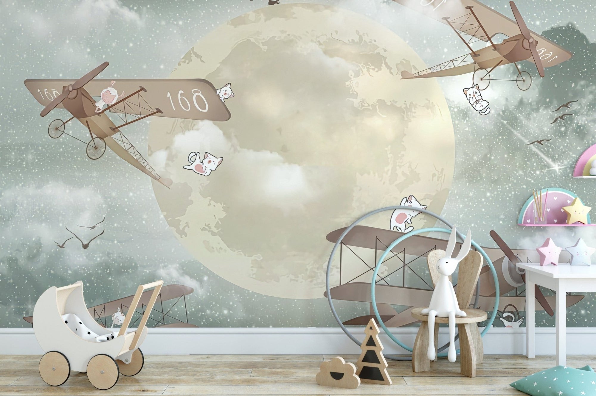 Moonlight airplane wallpaper mural design A446