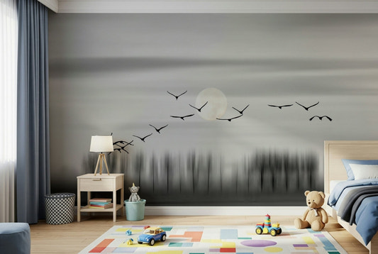 A beautiful celestial moon wallpaper mural with abstract birds in flight.