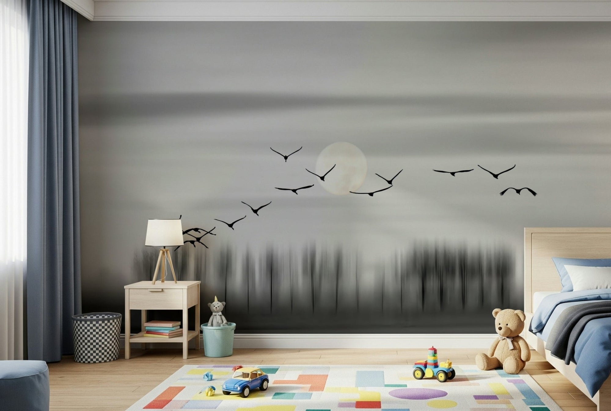A beautiful celestial moon wallpaper mural with abstract birds in flight., GD5899