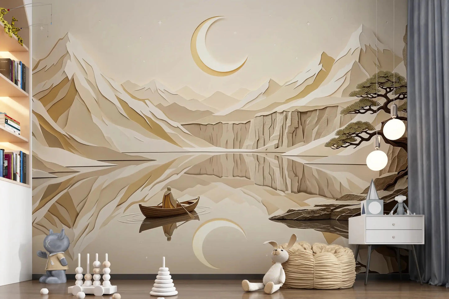Kids room with Lunar Mountain Serenity Wall Mural and calm boat scene, GD9046