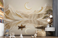 Kids room with Lunar Mountain Serenity Wall Mural and calm boat scene, GD9046