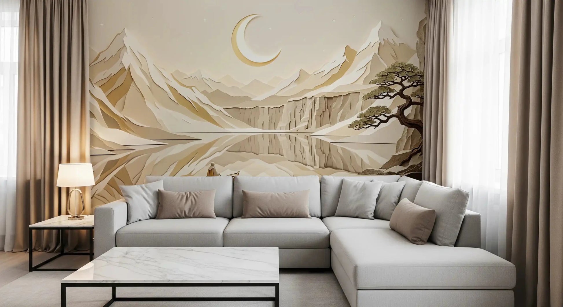 Soft beige cliffs frame Lunar Mountain Serenity Wall Mural, GD9046