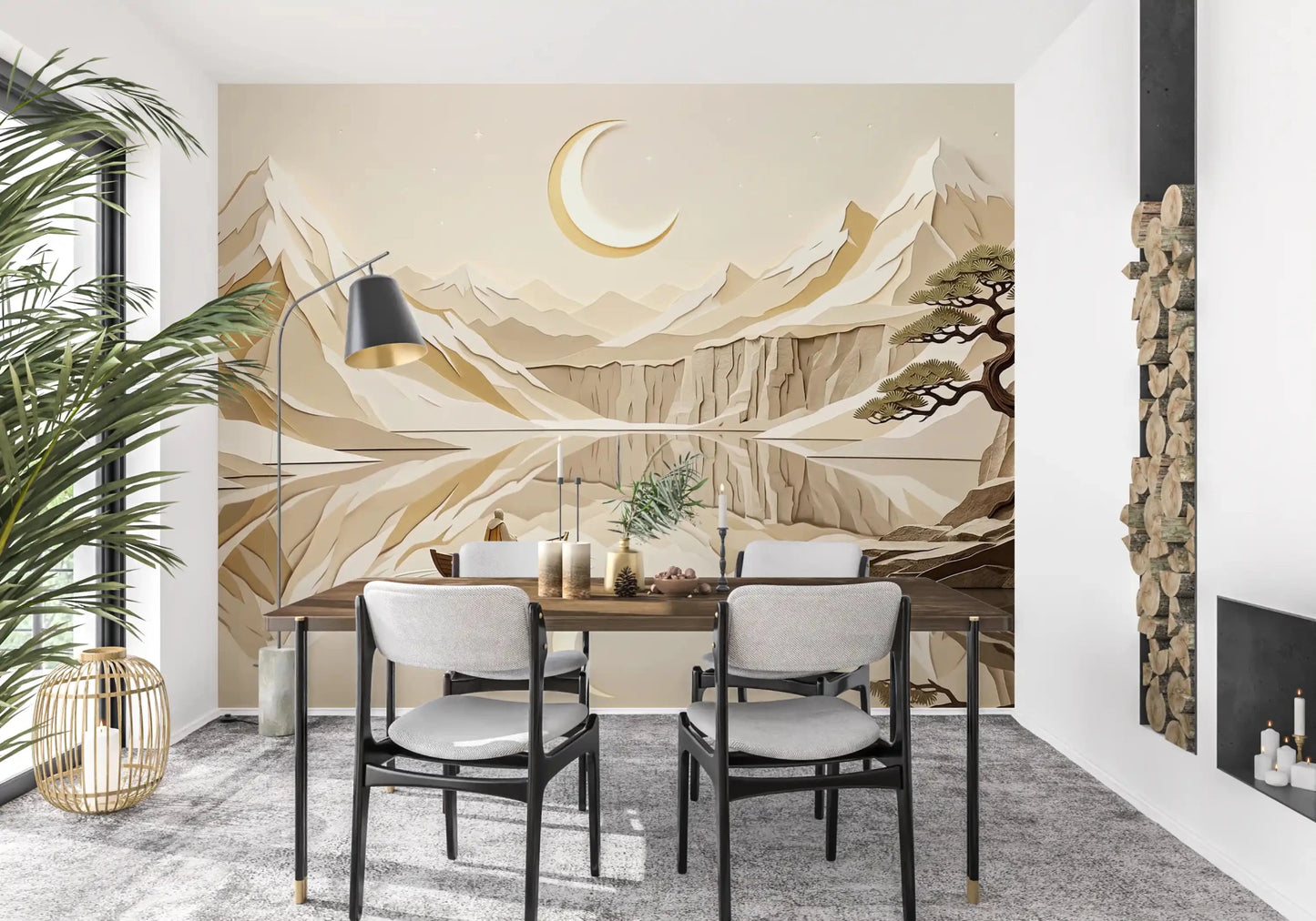 Paper-cut landscape style in Lunar Mountain Serenity Wall Mural, GD9046