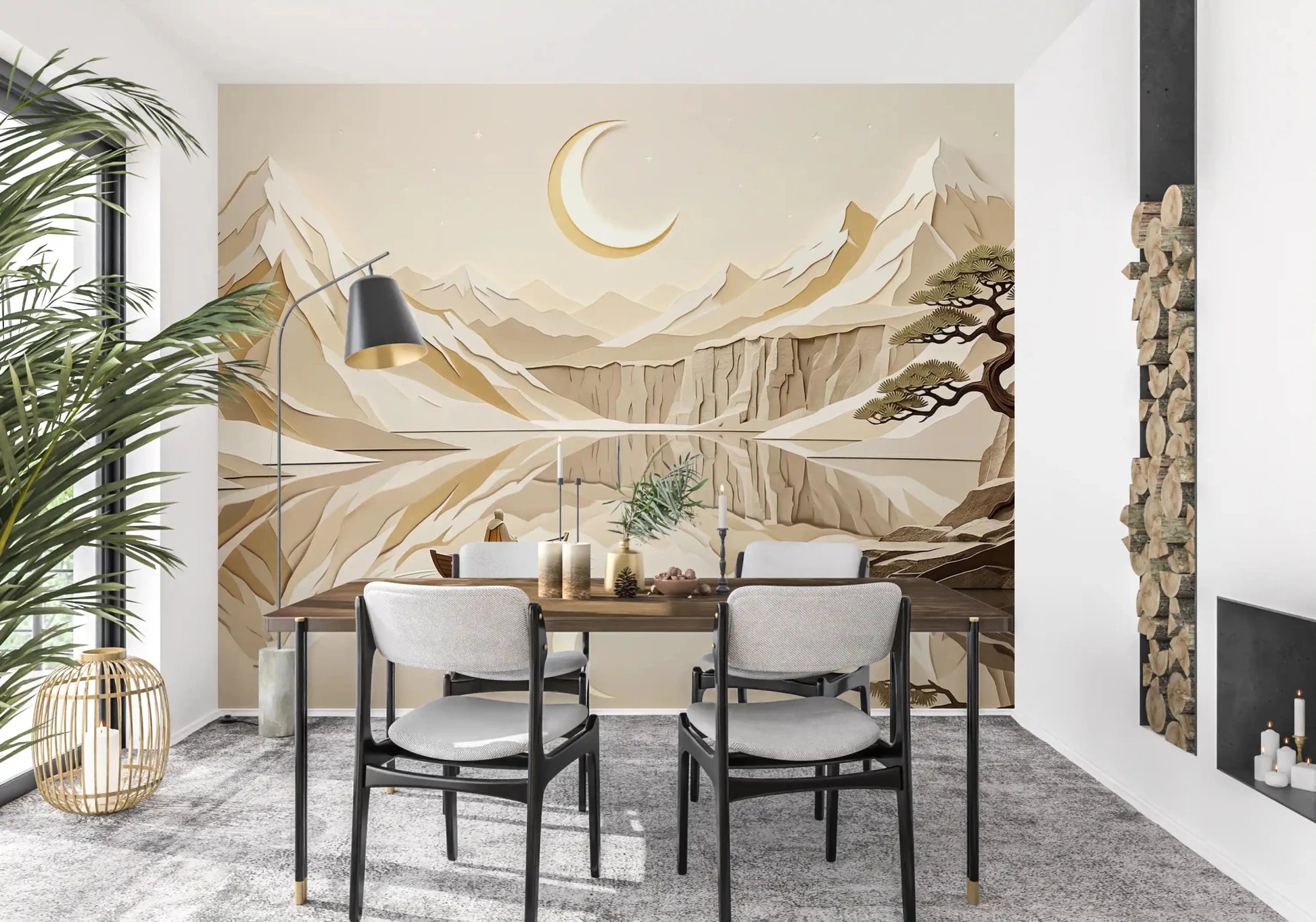 Paper-cut landscape style in Lunar Mountain Serenity Wall Mural, GD9046