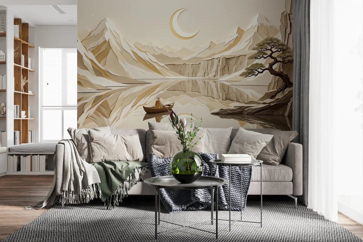 Hallway styled in Lunar Mountain Serenity Wall Mural with moonlit peaks, GD9046
