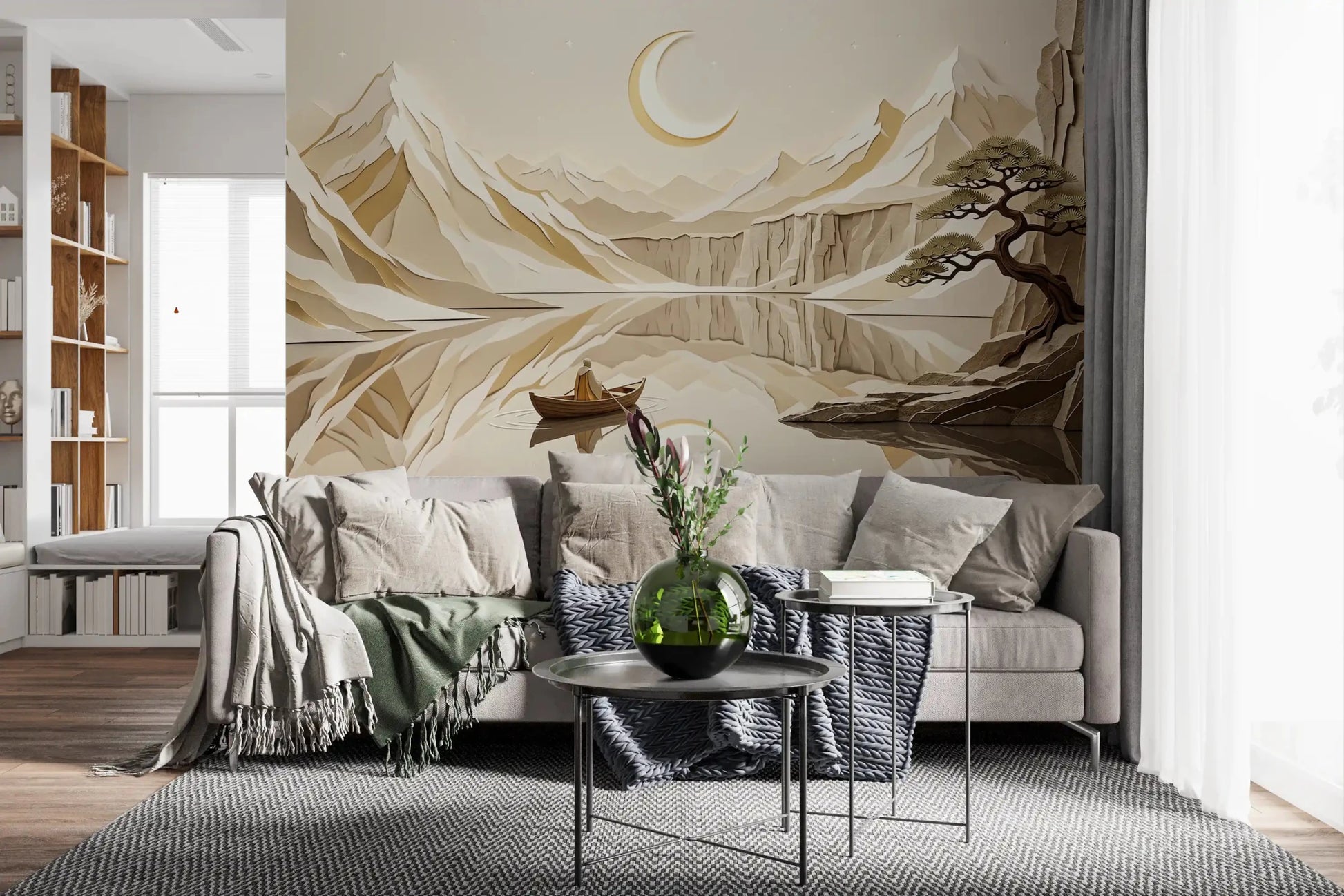 Hallway styled in Lunar Mountain Serenity Wall Mural with moonlit peaks, GD9046