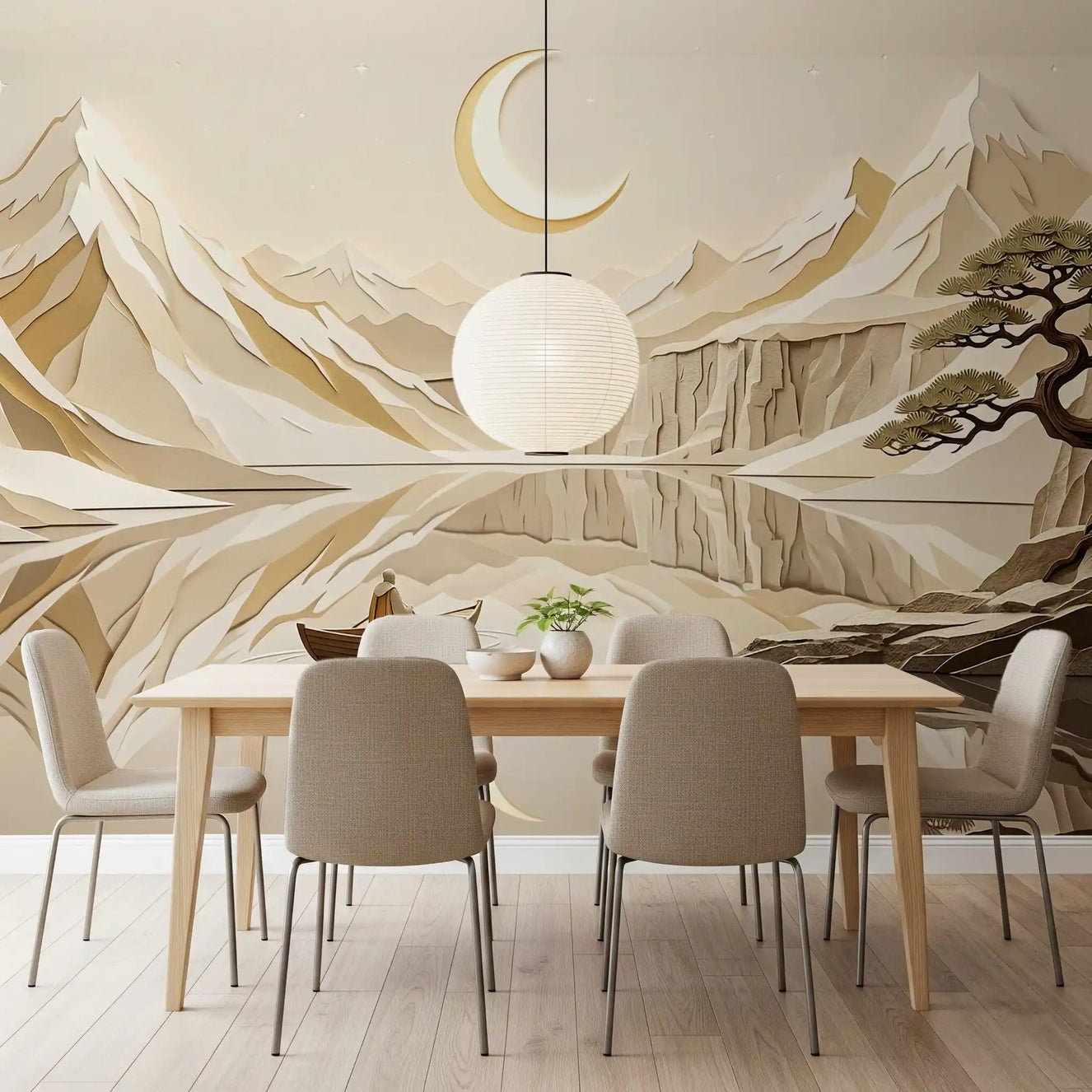 Dining room with Lunar Mountain Serenity Wall Mural and lake reflection