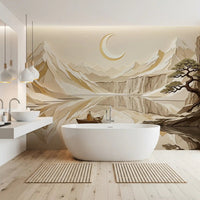 Crescent moon glows above Lunar Mountain Serenity Wall Mural for a bathroom., GD9046