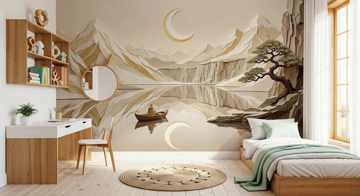 A quiet boat drifts through Lunar Mountain Serenity Wall Mural, GD9046