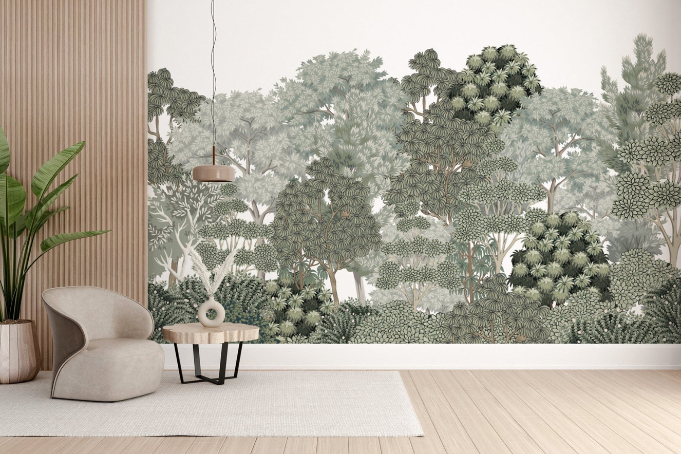 Lush botanical forest tree wallpaper mural
