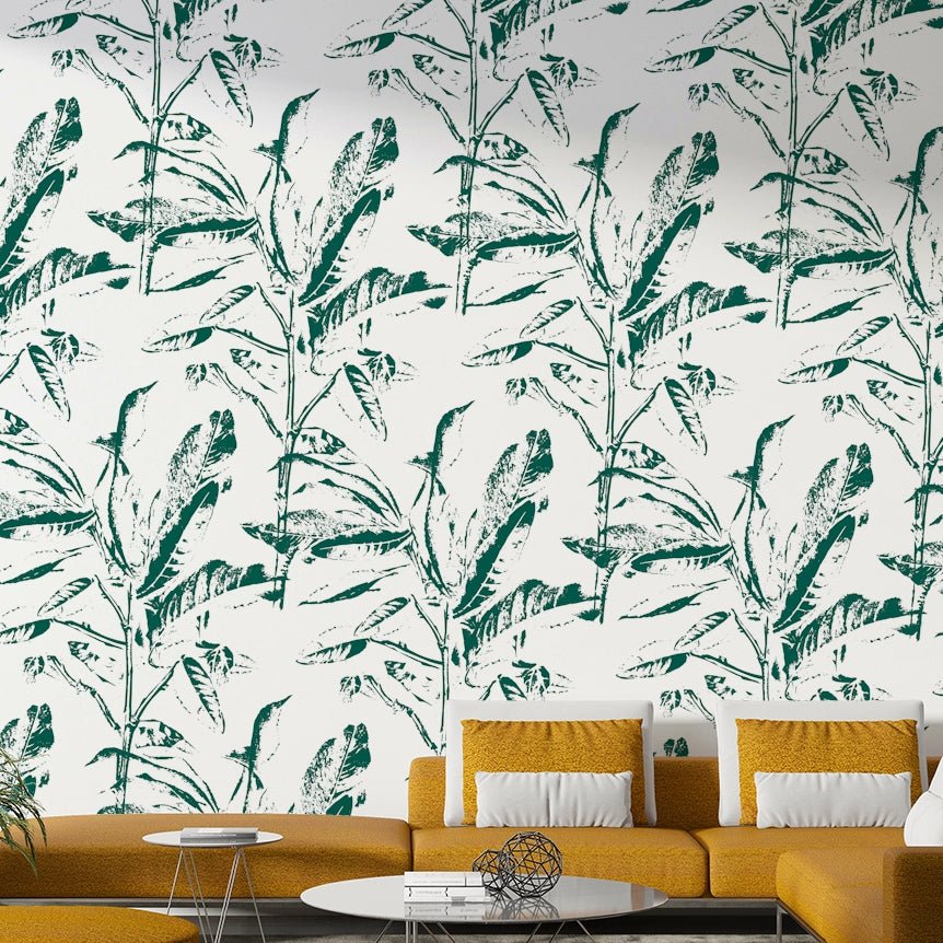 Neutral wall mural with pressed plant look

