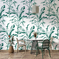 Living room with botanical stamp mural

