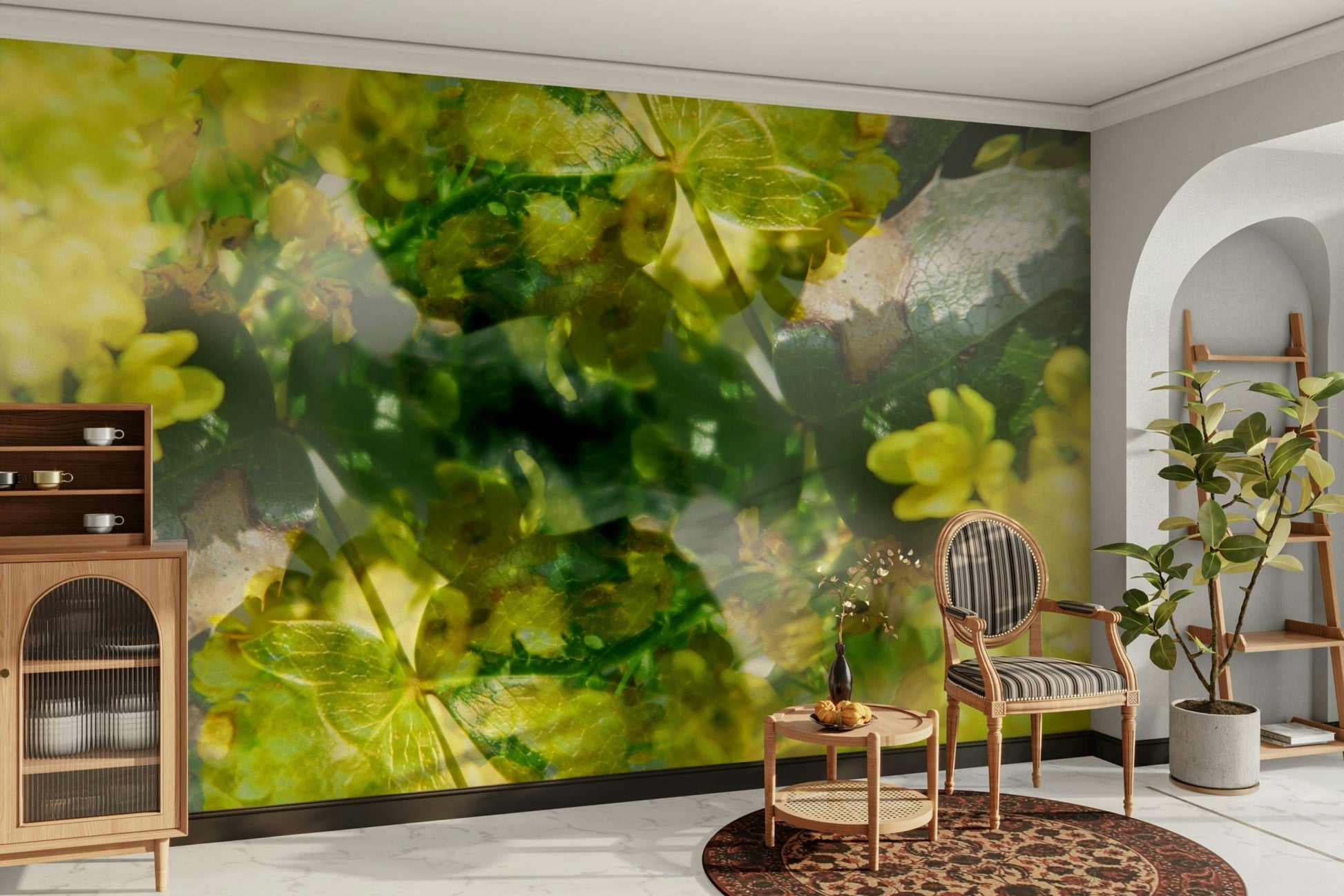 The floral forms are suggested rather than realistic, giving it a modern art feel.

