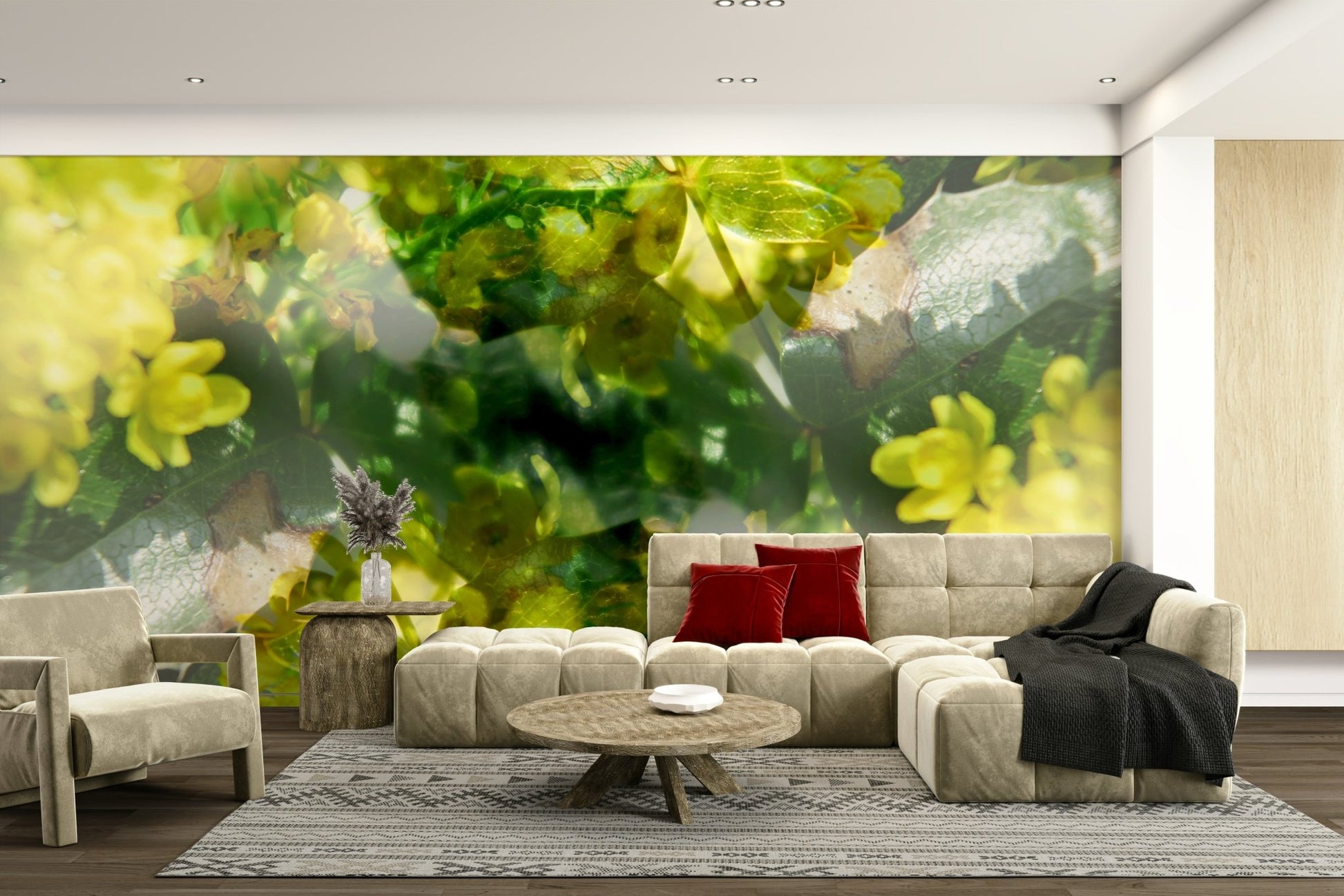 The wall mural is the main feature on a contemporary room wall.

