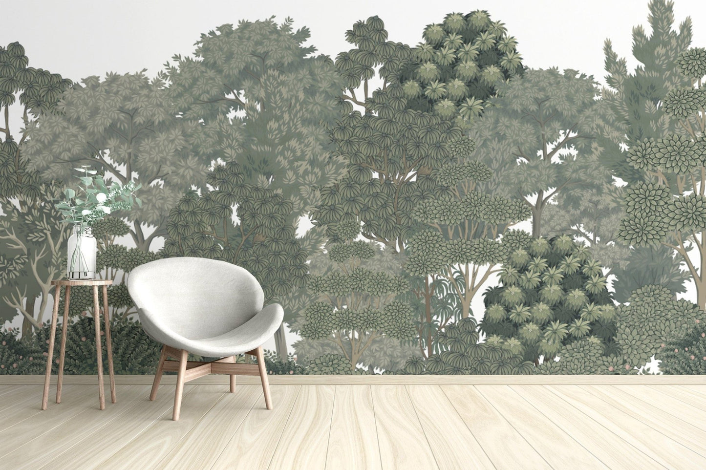 Serene forest mural with lush greenery

