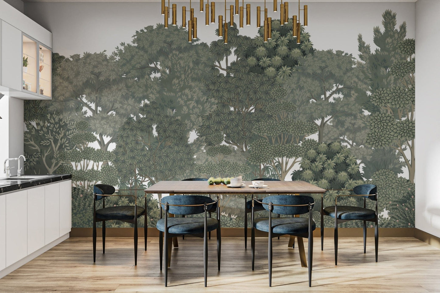 Detailed green forest wallpaper design
