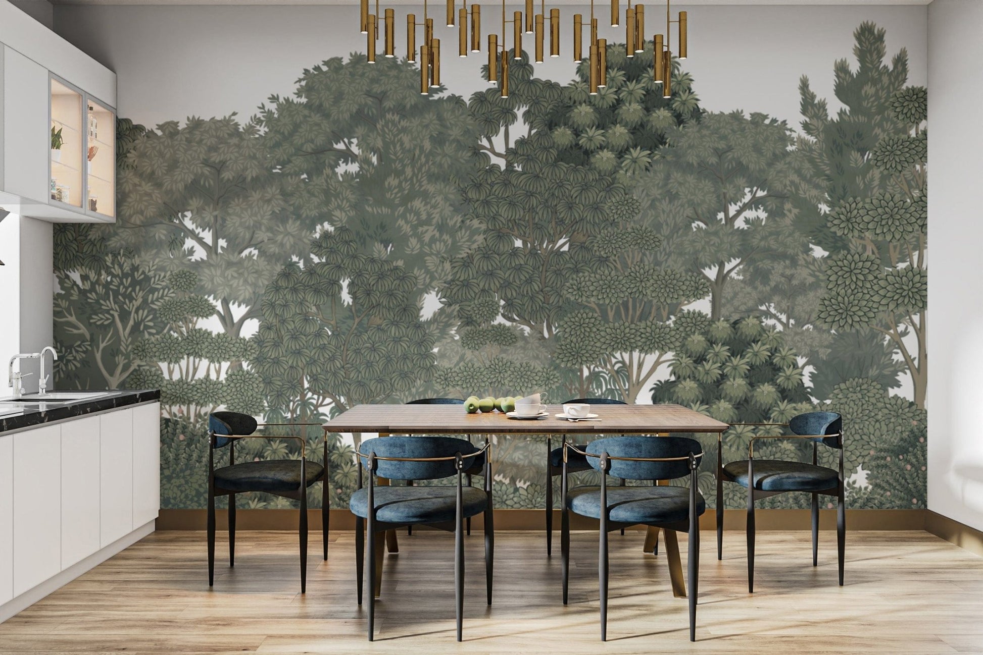 Detailed green forest wallpaper design
