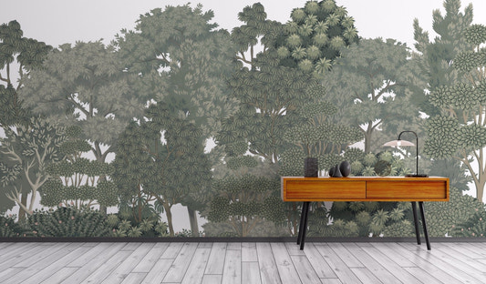 Lush green botanical forest wallpaper mural
