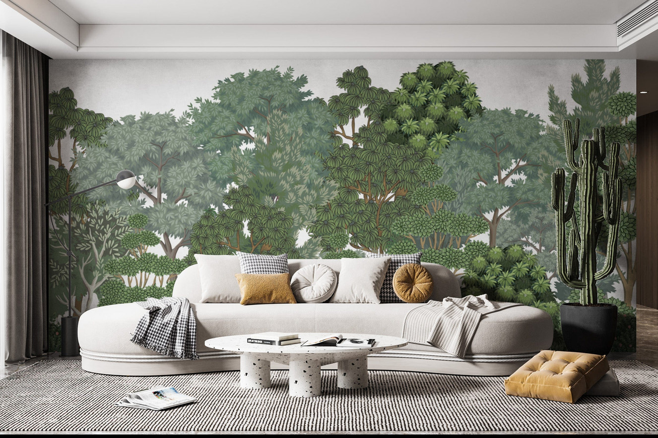 Lush green forest tree wallpaper mural

