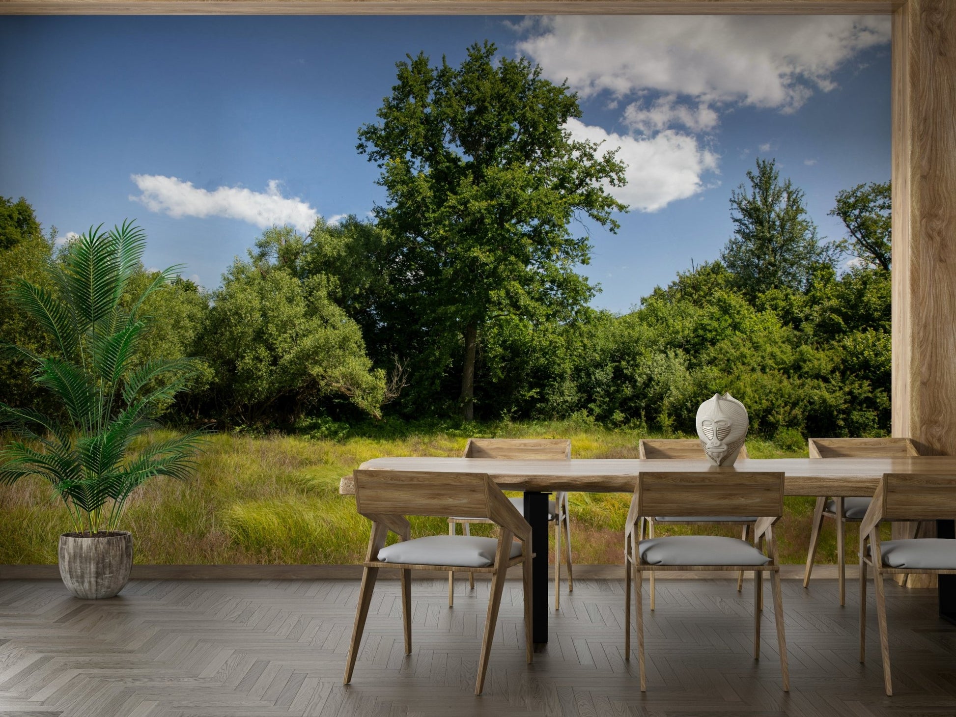 The room feels calm and spacious due to the open scenery.

