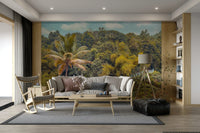 A wall mural of a lush green mountain scene.

