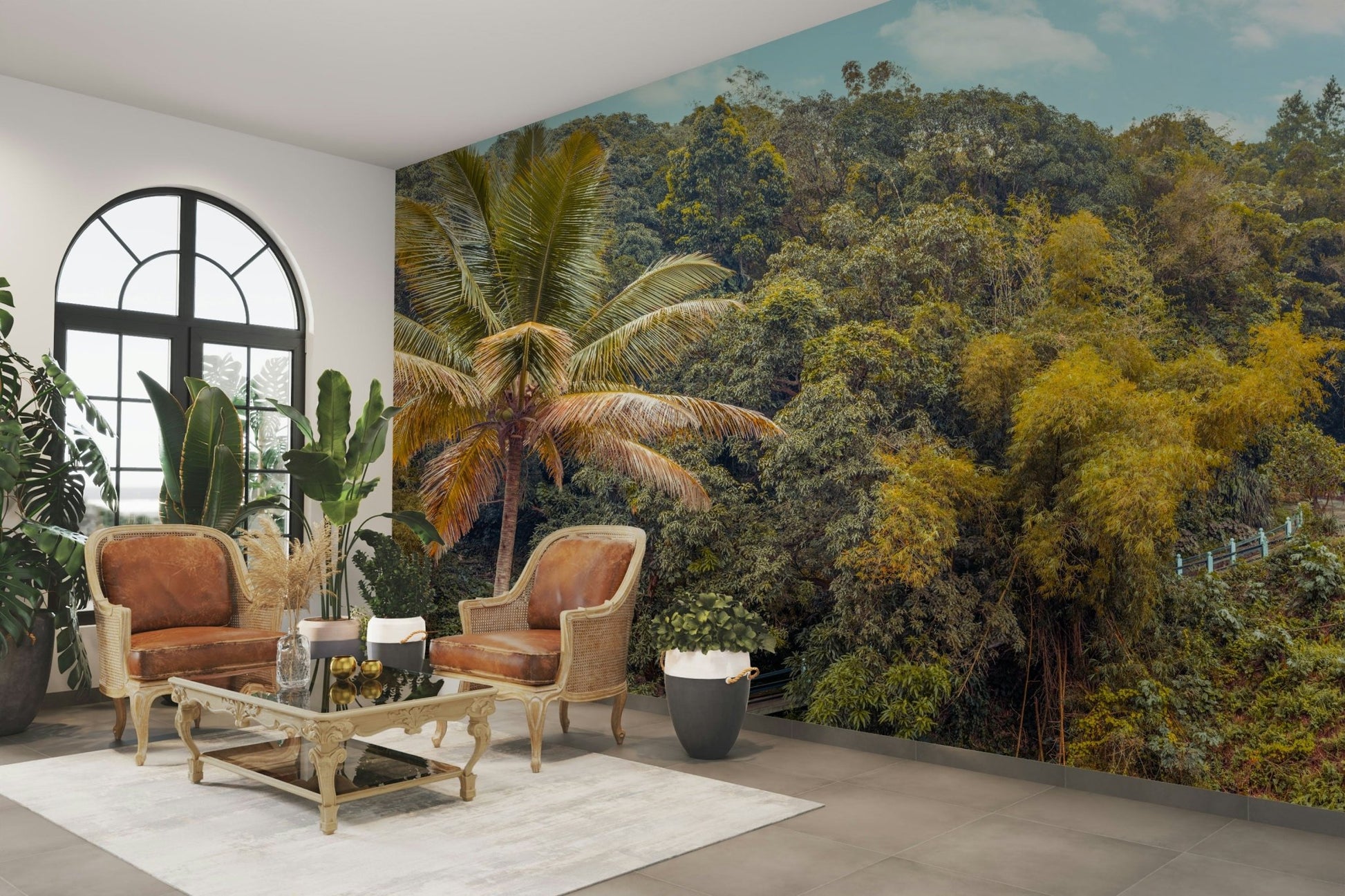 A tall palm tree is featured prominently on the left side.

