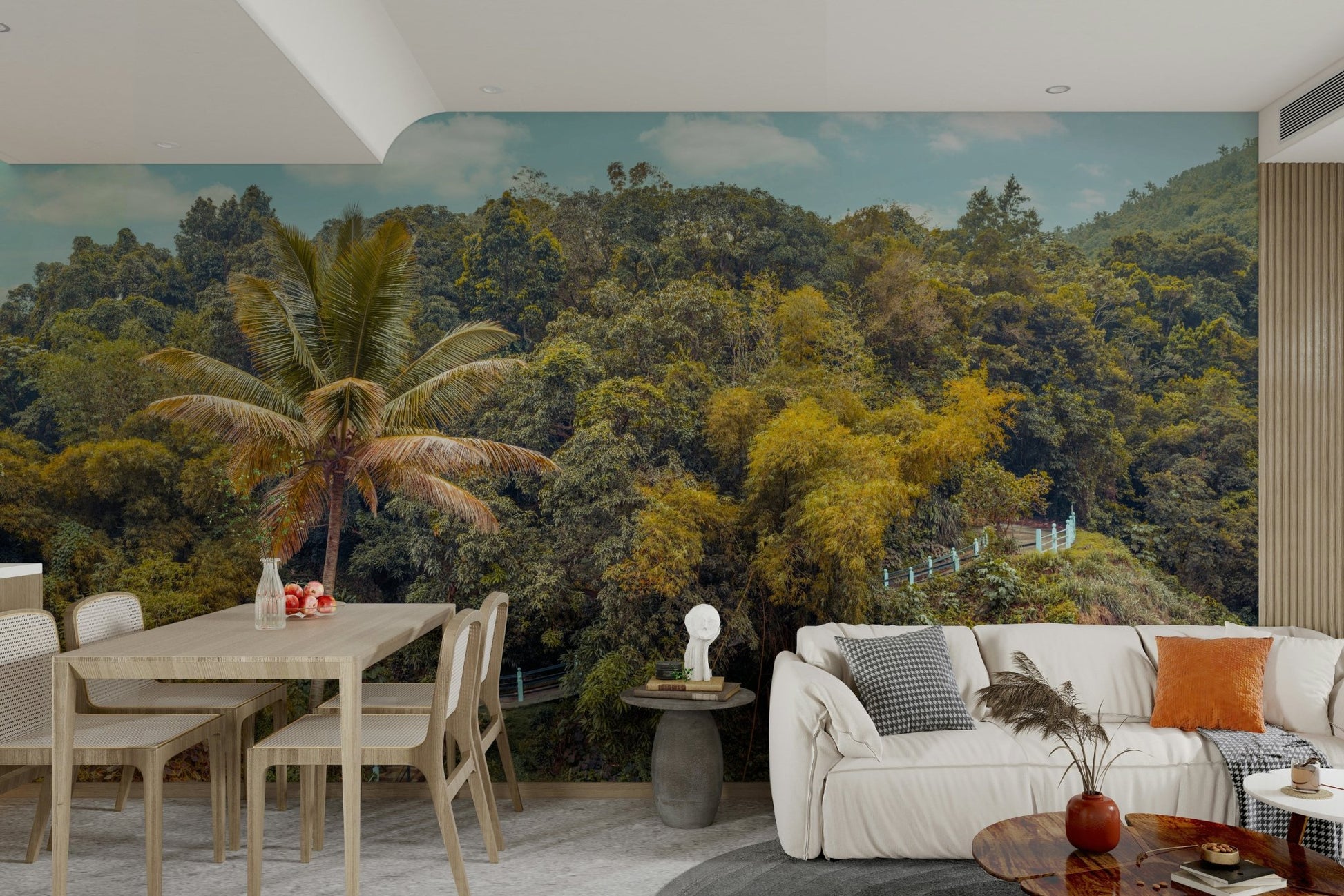 The image displays a vibrant tropical forest covering a mountainside.

