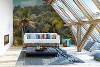 Winding pathways with white railings are visible on the slope.

