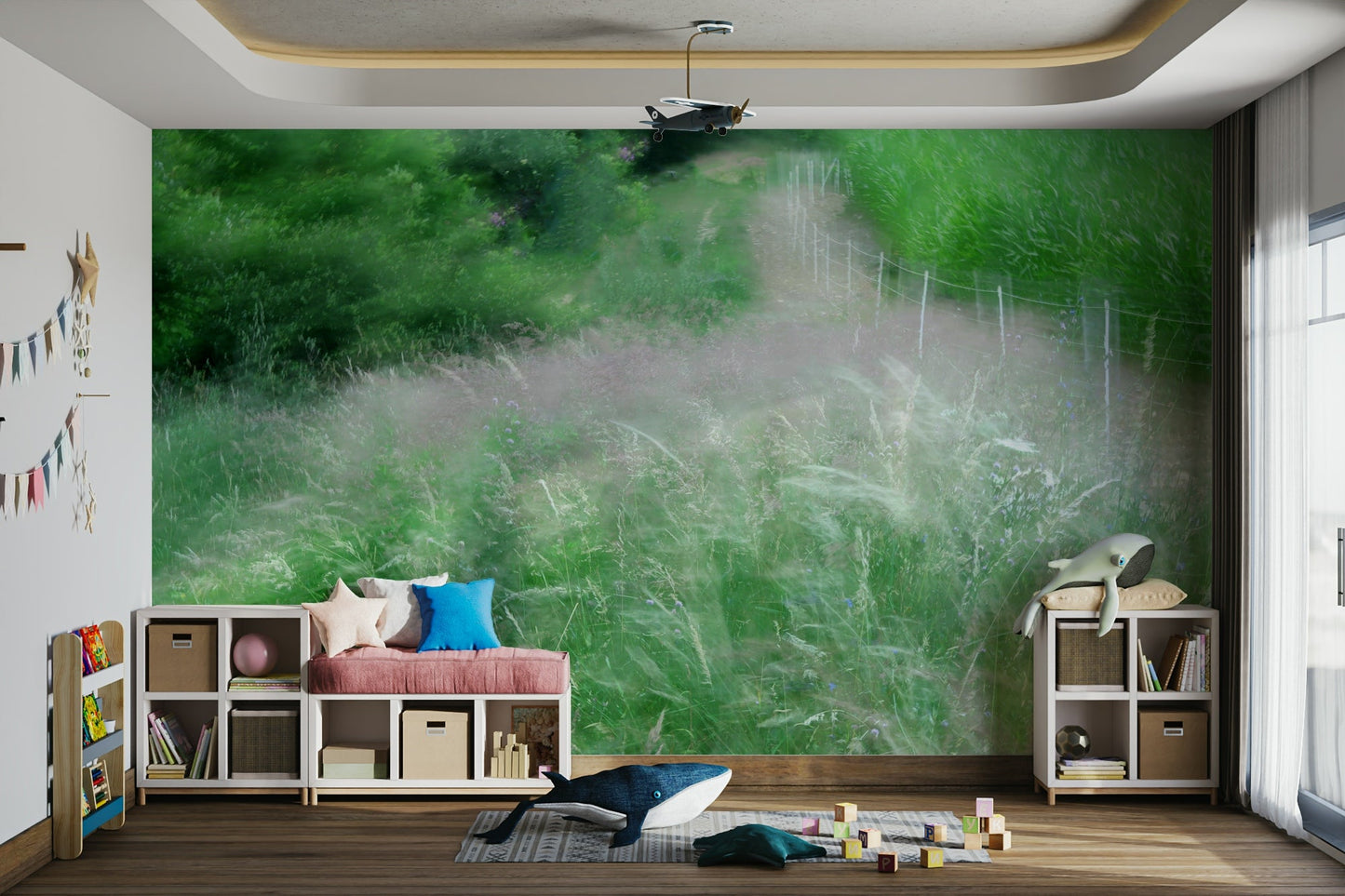 The room feels calm and relaxing due to the soft artwork.

