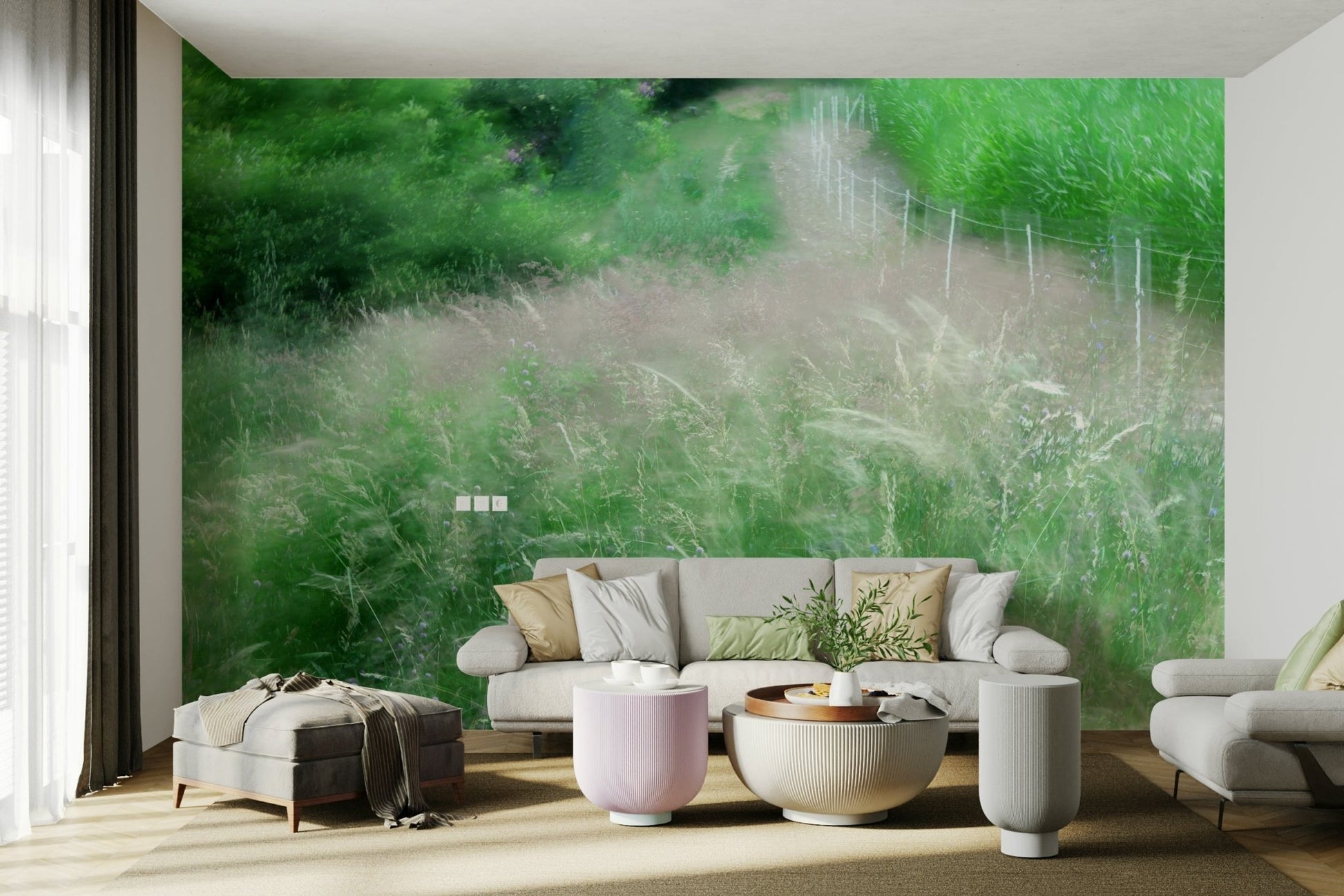 The wall mural is the main feature on a bedroom wall.

