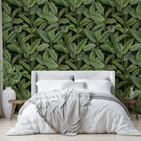 Lush Green Rubber Tree Jungle Pattern Wallpaper on a wall

