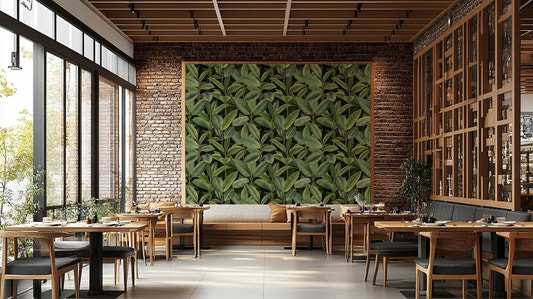 A living room decorated with a jungle-themed mural

