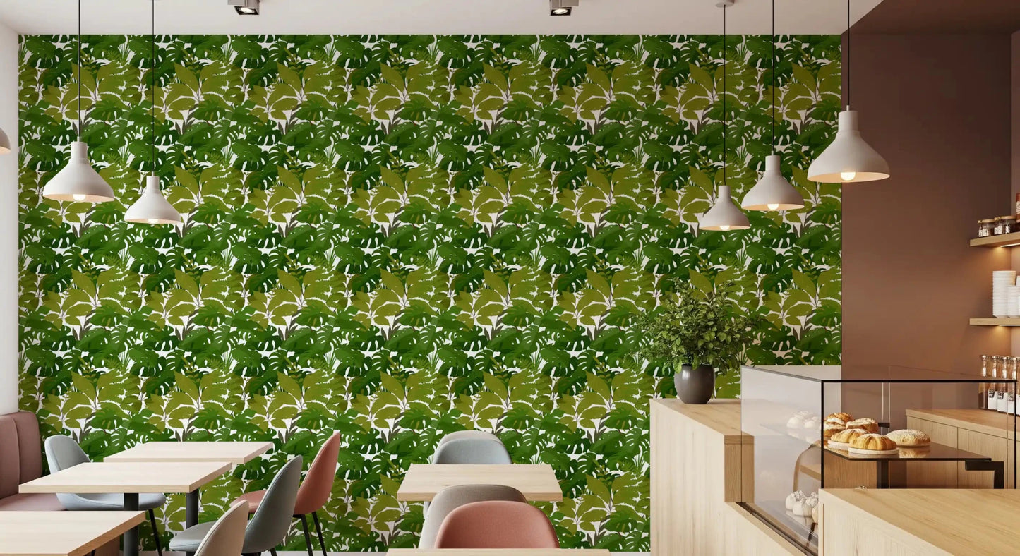 Café area with Lush Leaf Canopy Monstera Leaves Wallpaper