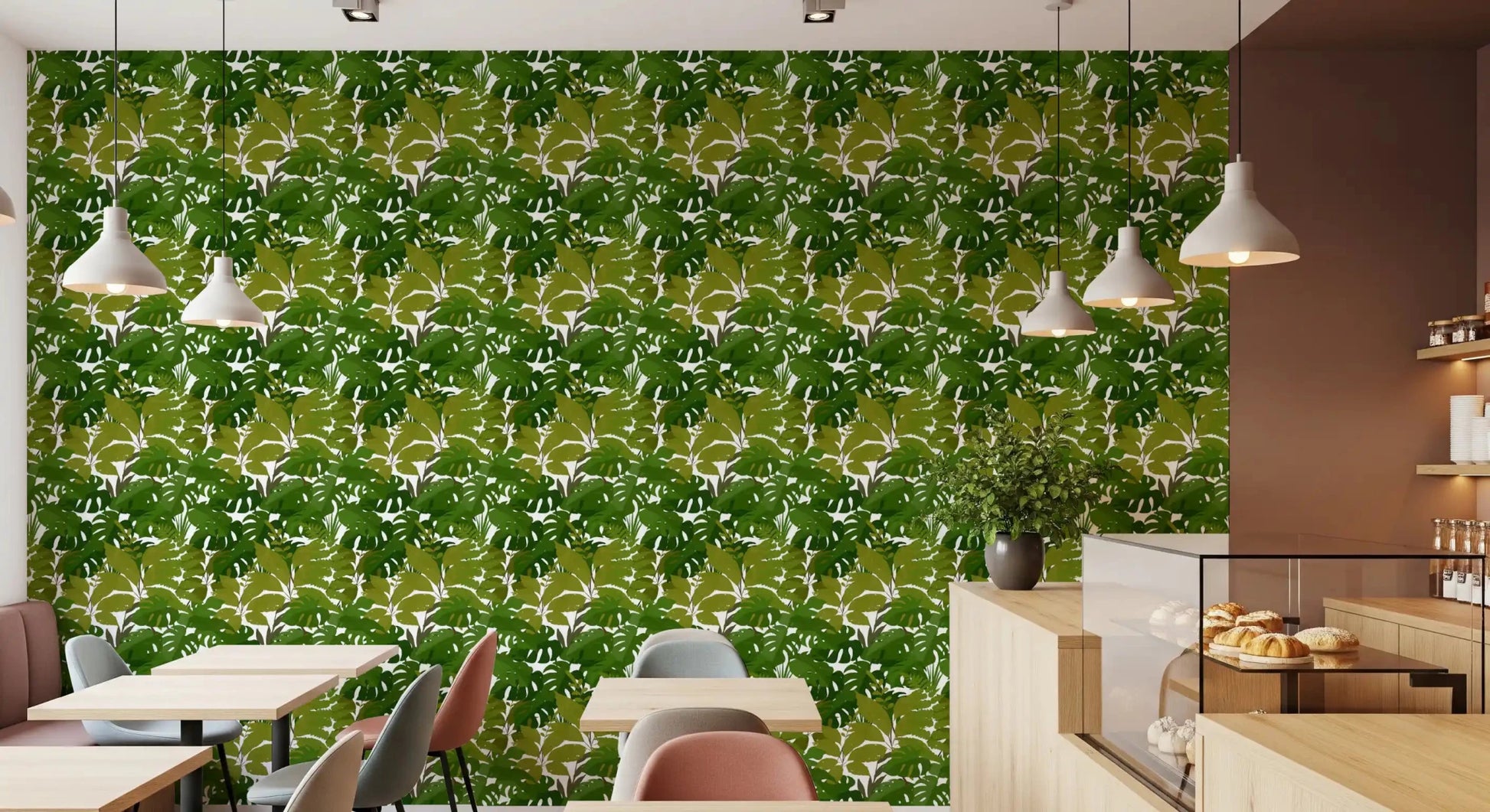 Café area with Lush Leaf Canopy Monstera Leaves Wallpaper