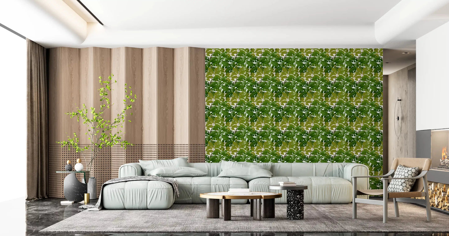 Modern lounge styled with Lush Leaf Canopy Monstera Leaves Wallpaper