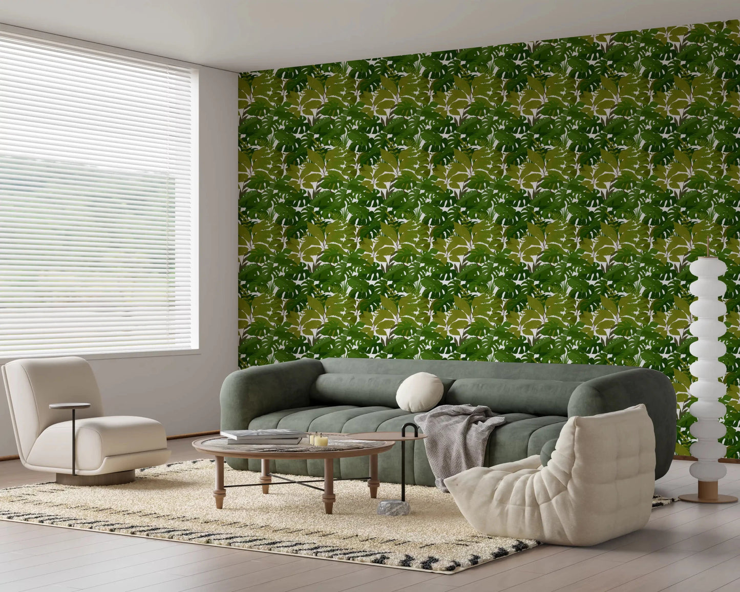 Lush Leaf Canopy Monstera Leaves Wallpaper in a relaxed green sitting room