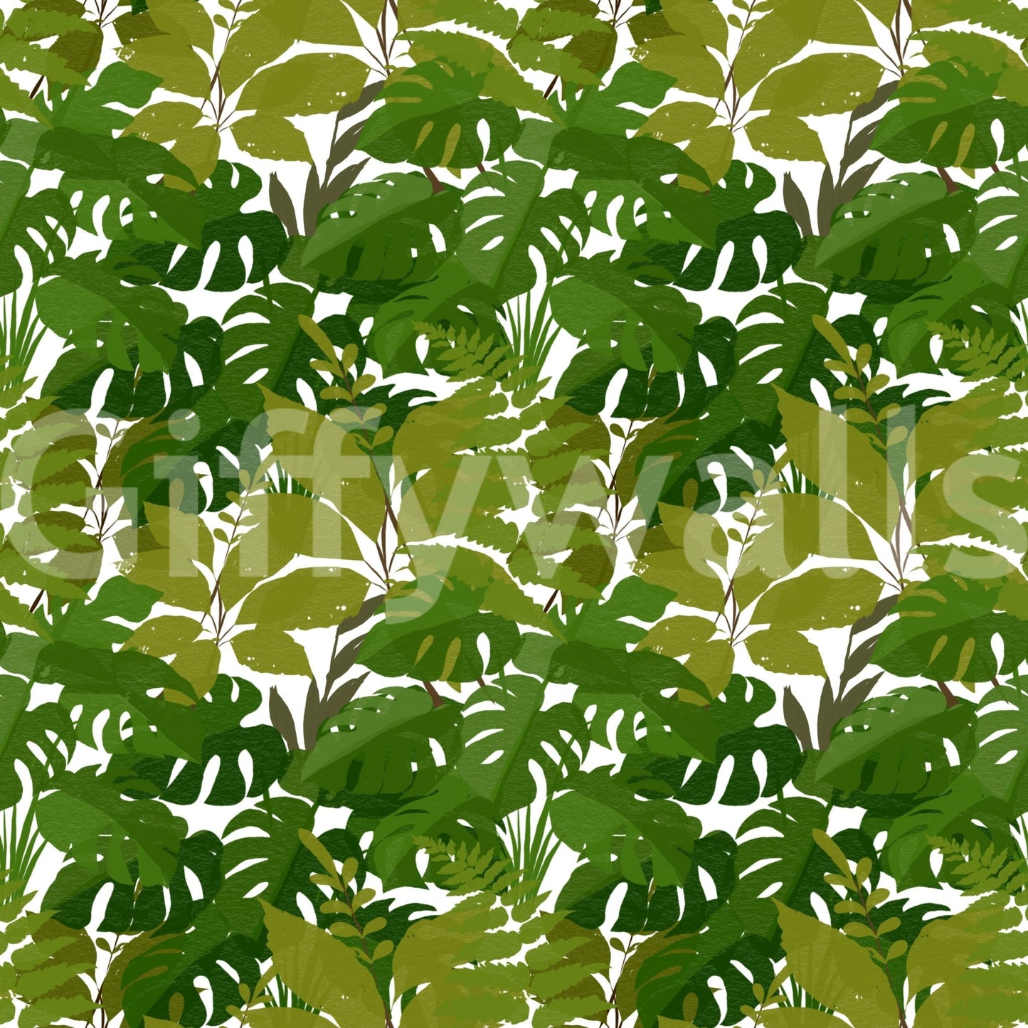 Lush Leaf Canopy Monstera Leaves Wallpaper with layered green foliage on white base