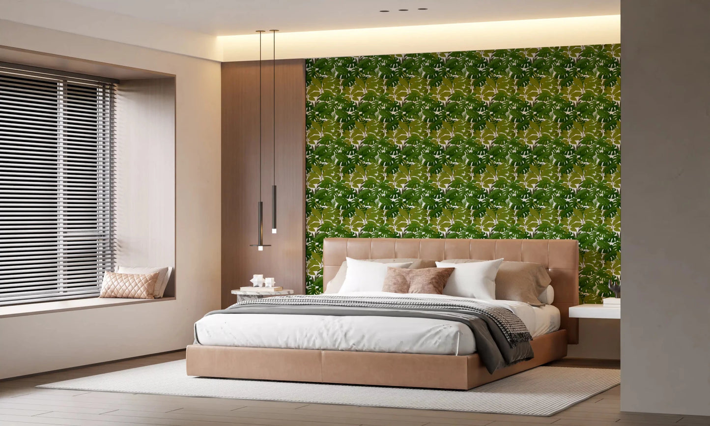 Warm bedroom set against Lush Leaf Canopy Monstera Leaves Wallpaper