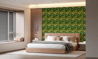 Warm bedroom set against Lush Leaf Canopy Monstera Leaves Wallpaper