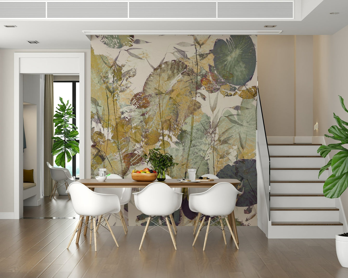 A contemplative leaf design wallpaper mural for a feature wall.