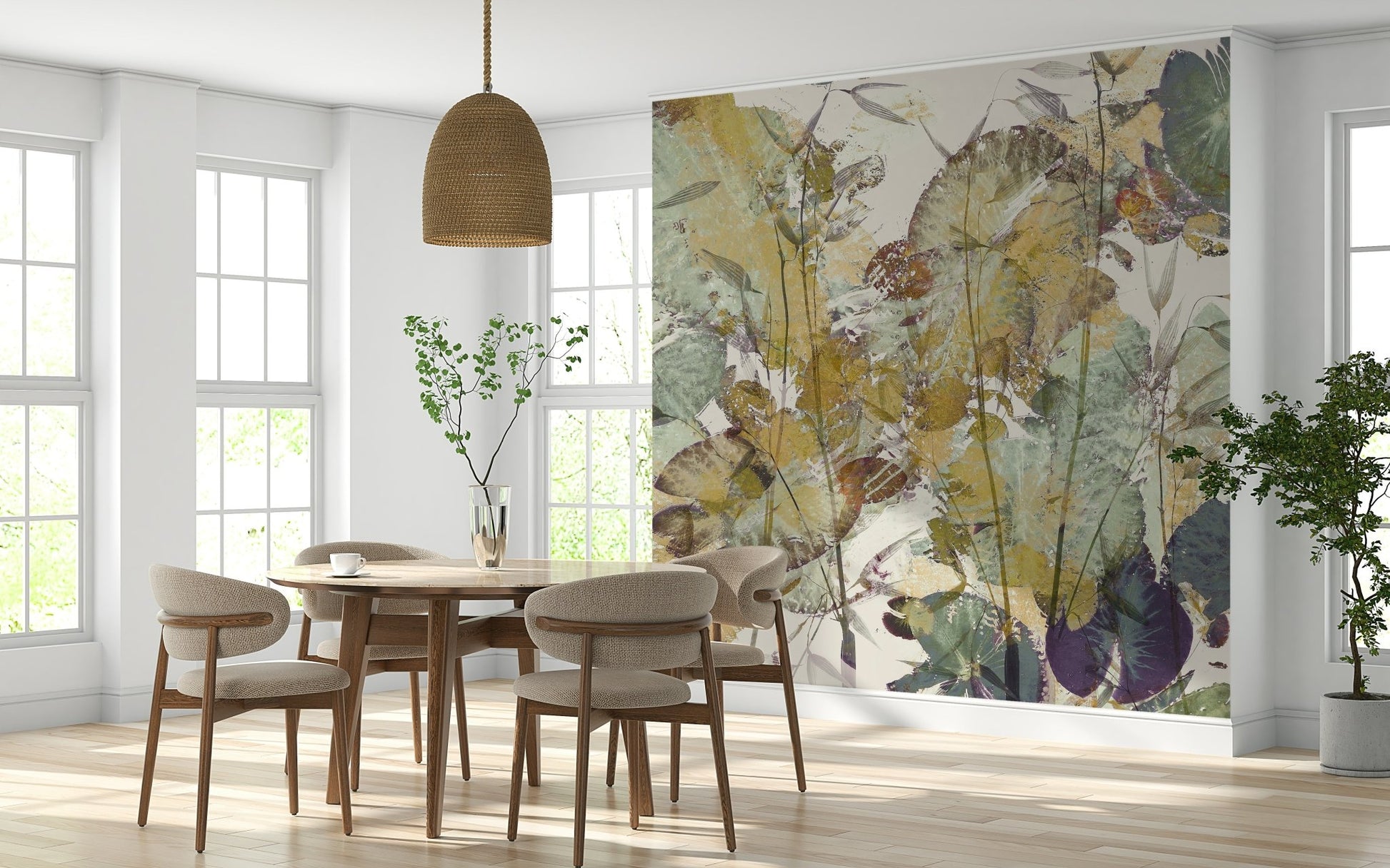 An artistic lush foliage mural on minimalist wallpaper.