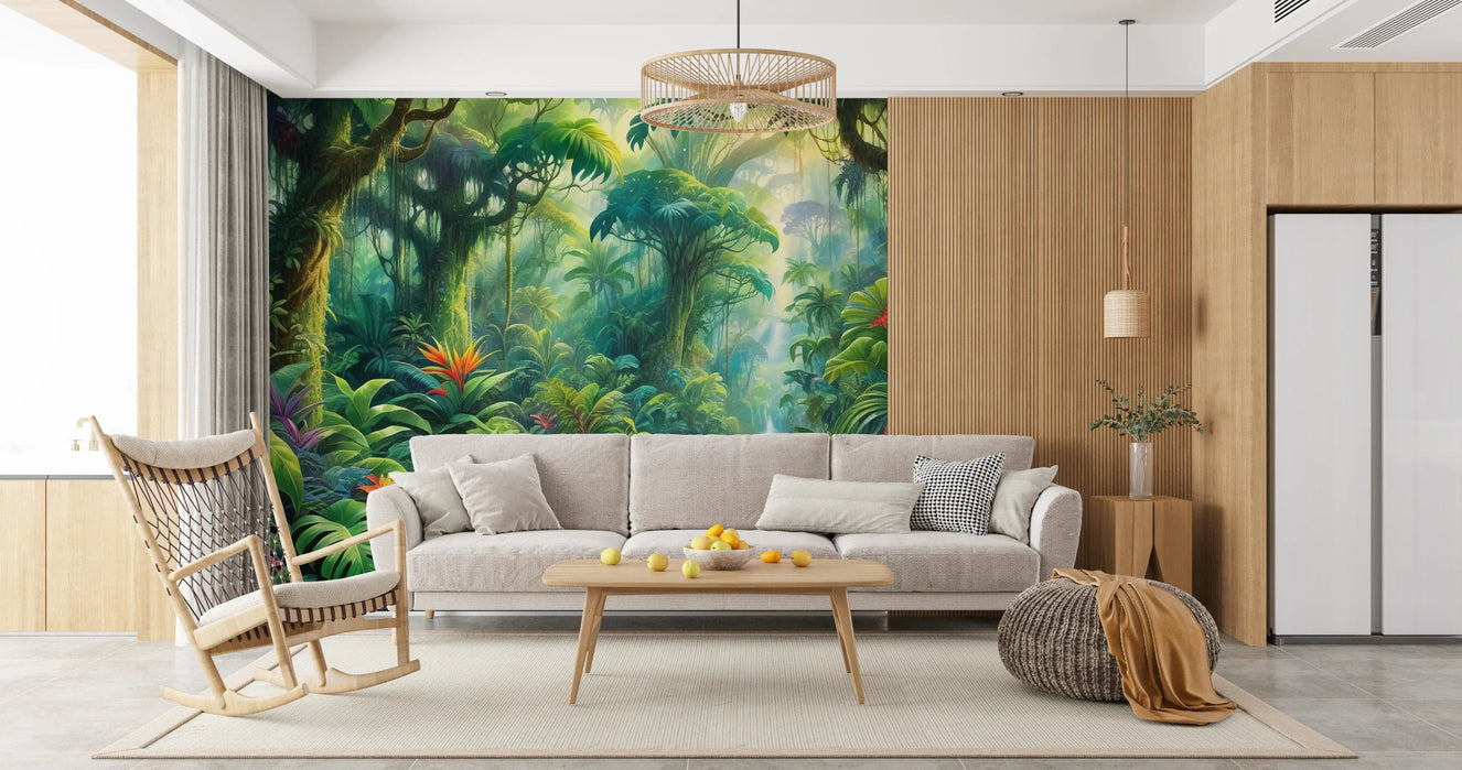 Modern living room with Lush Rainforest Retreat wall mural and green foliage.